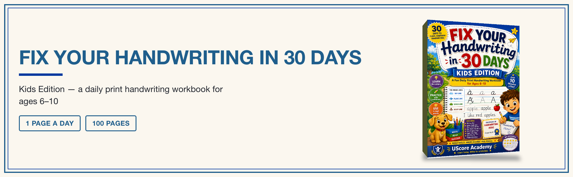 A+ hero module for Fix Your Handwriting in 30 Days